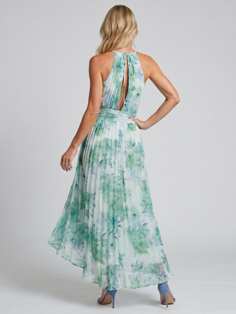 Abito Midi Portia in Crepe Plissé con Collo Halter e Stampa Floreale